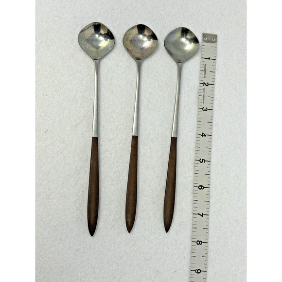 Vtg EPIC Forged Stainless ICE TEA Spoons Flatware Canoe Muffin Wood Handle MCM - Picture 2 of 5